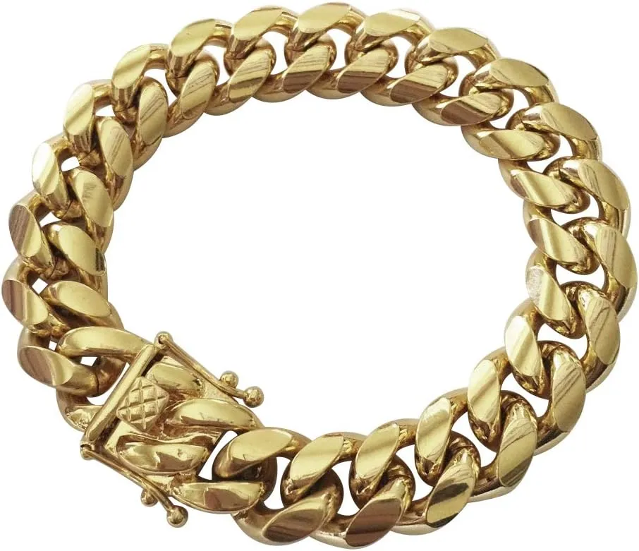 316L Stainless Steel Miami Cuban Link Chain 14K or White REAL Gold Plated Hip Hop Necklace or Bracelet 8mm-18mm for Men Women(Custom Box and Pouch Packing, Christmas Gift)