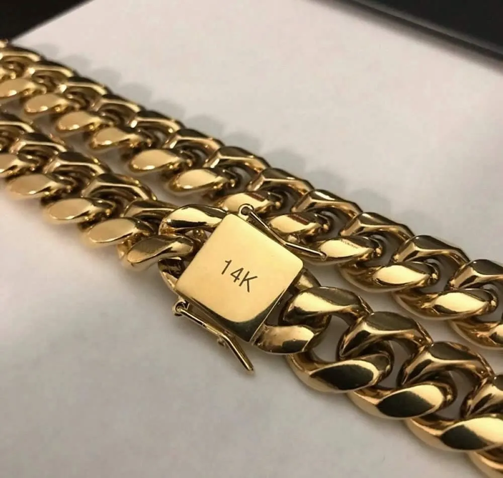 316L Stainless Steel Miami Cuban Link Chain 14K or White REAL Gold Plated Hip Hop Necklace or Bracelet 8mm-18mm for Men Women(Custom Box and Pouch Packing, Christmas Gift)