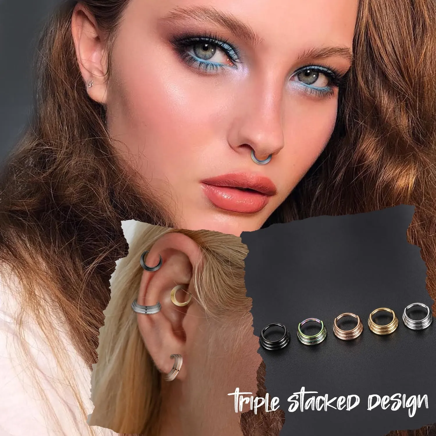 316L Stainless Steel Septum Jewelry Septum Rings 3PCS Seamless Clicker Ring 16G Septum Piercings Hinged Segment Nose Hoop Ring Daith Tragus Rook Cartilage Hoop Earring Helix Conch Piercing Jewelry
