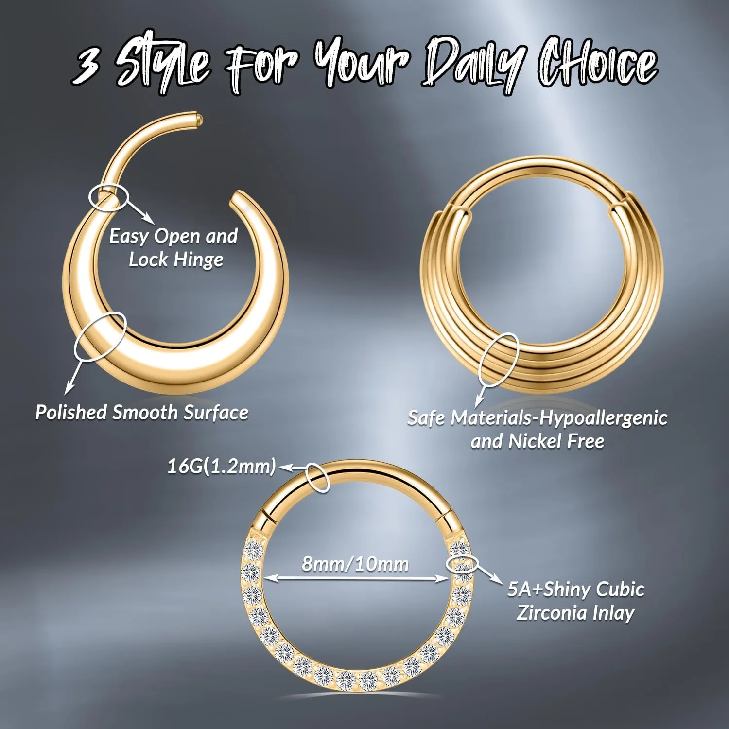316L Stainless Steel Septum Jewelry Septum Rings 3PCS Seamless Clicker Ring 16G Septum Piercings Hinged Segment Nose Hoop Ring Daith Tragus Rook Cartilage Hoop Earring Helix Conch Piercing Jewelry