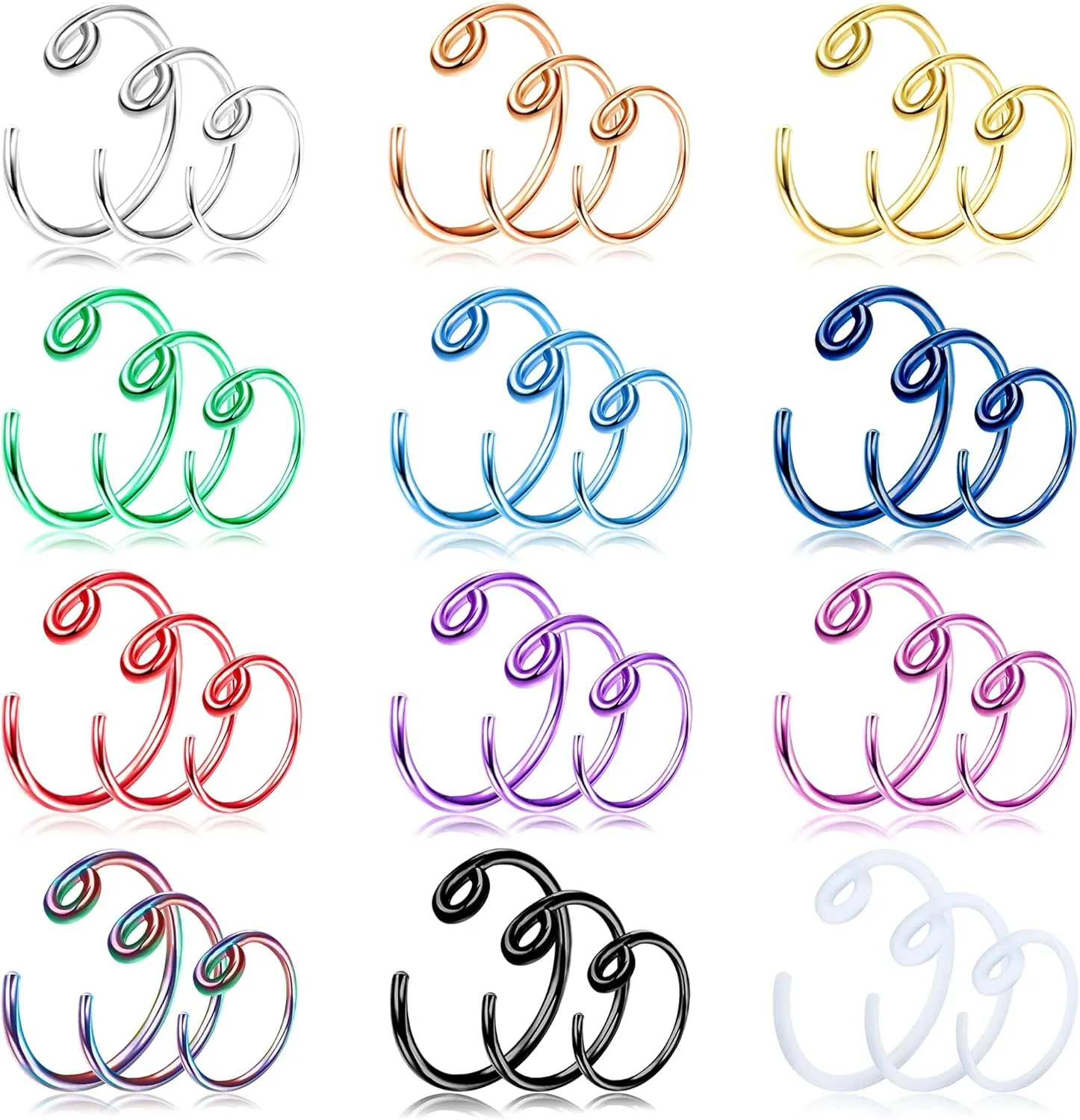36PCS 6MM 8MM 10MM Nose Rings Hoops 316L Surgical Steel Small Hoop Cartilage Piercing for Women Men Colorful Lip Hoop Earrings Cubic Zirconia Nose Jewelry 20G Double Hoop Nose Ring