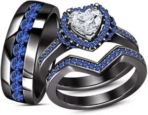 3Ct Heart Shaped Created Cubic Zirconia & Blue Sapphire14K Black Gold Plated 925 Sterling Silver Trio Matching Couple Rings Wedding Engagement Ring Band Set For His & Hers.