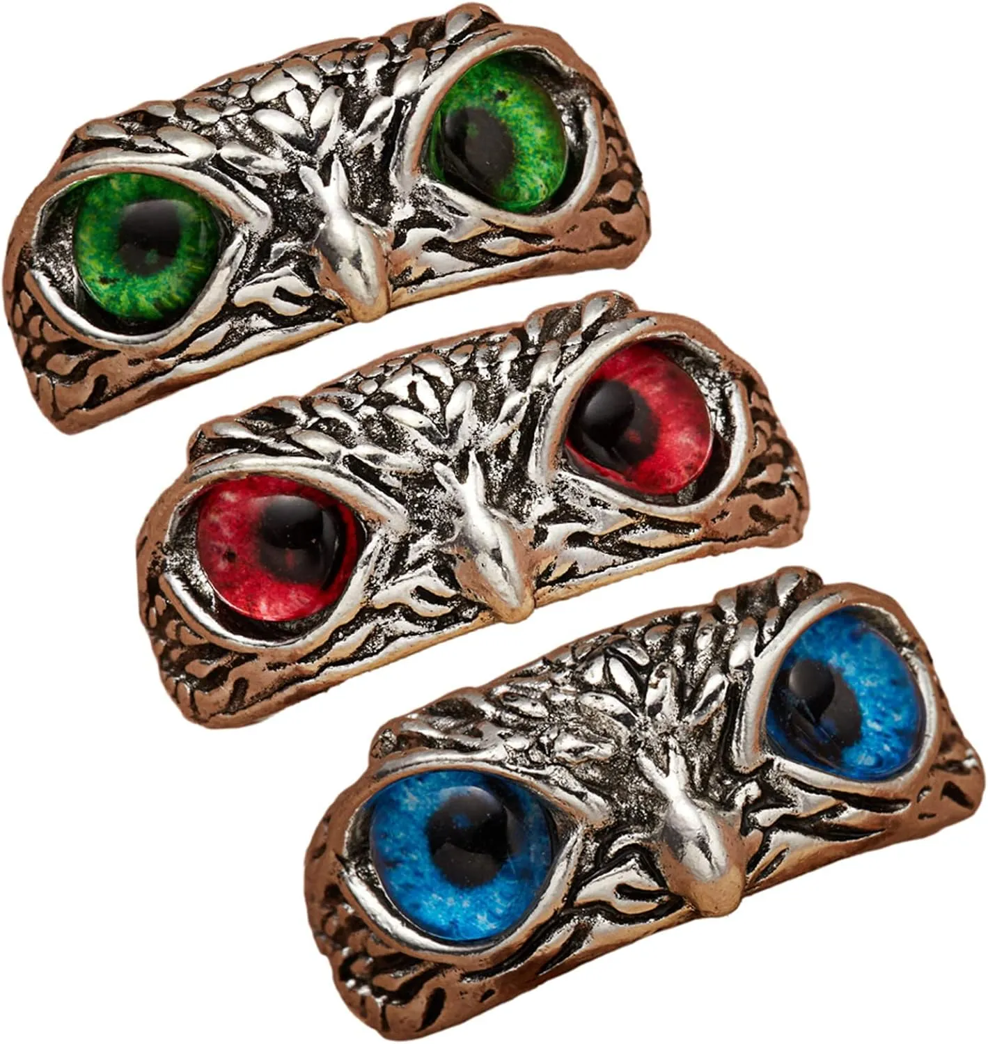 3Pcs Demon Eye Owl Finger Ring Set Colorful Retro Open Adjustable Animal Statement Ring for Women Men Couple Jewelry