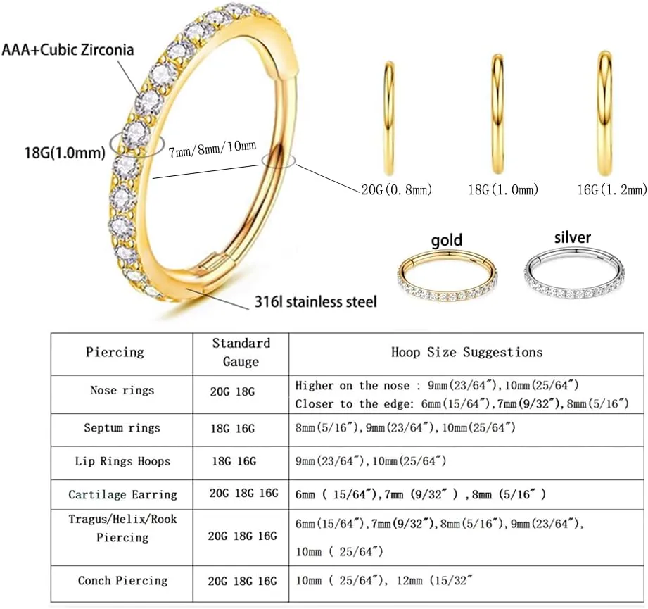 3Pcs Nose Rings Hoop 20G 18G 16G Surgical Steel Hinged Segment Rings Septum Jewelry Lip Ring Helix Conch cartilage earring for Women Girls Men 7mm 8mm 10mm