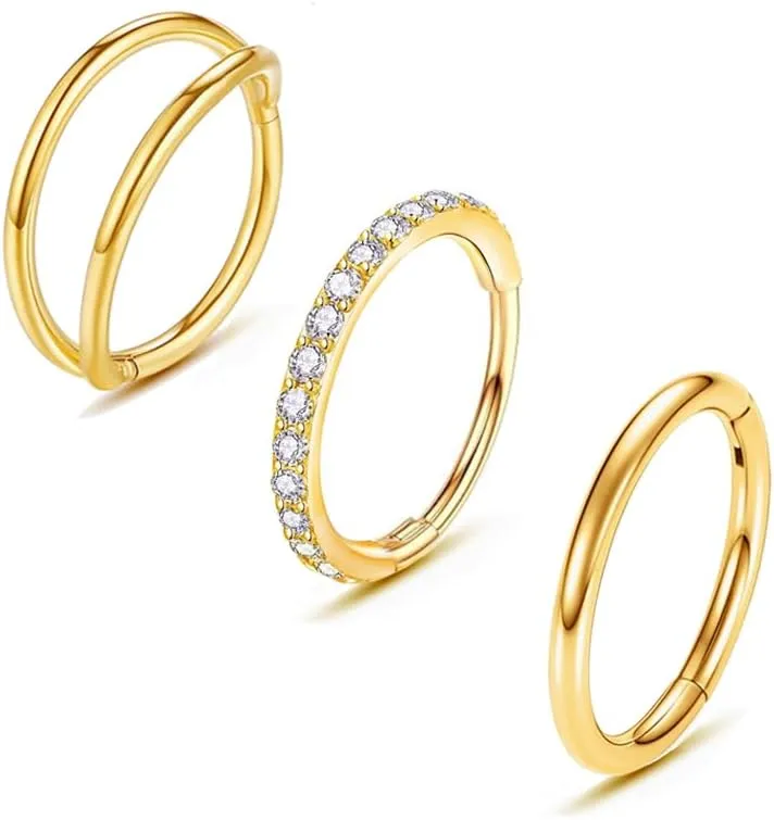 3Pcs Nose Rings Hoop 20G 18G 16G Surgical Steel Hinged Segment Rings Septum Jewelry Lip Ring Helix Conch cartilage earring for Women Girls Men 7mm 8mm 10mm