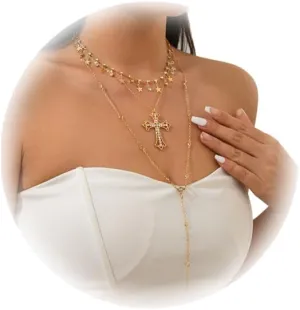 3Pcs Rhinestone Tassel Choker Necklace,Multi-layered Star Tassel Collar Necklace,Crystal Chest Body Chain Jewelry,Wedding Rhinestone Cross Pendant Clavicle Necklace