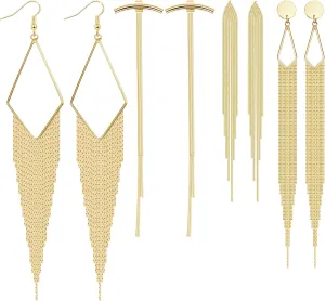 4 Pairs Long Tassel Dangle Drop Earrings women Metal Chain Earrings Fake Crystal Pearl Rhinestone Wedding Formal Jewelry