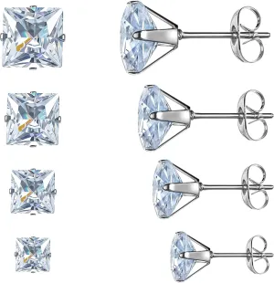 4 Pairs Studs Earrings for Women Stainless Steel Square Earrings Cubic Zirconia Studs Earrings for Men Princess Earrings Piercing Jewelry Set