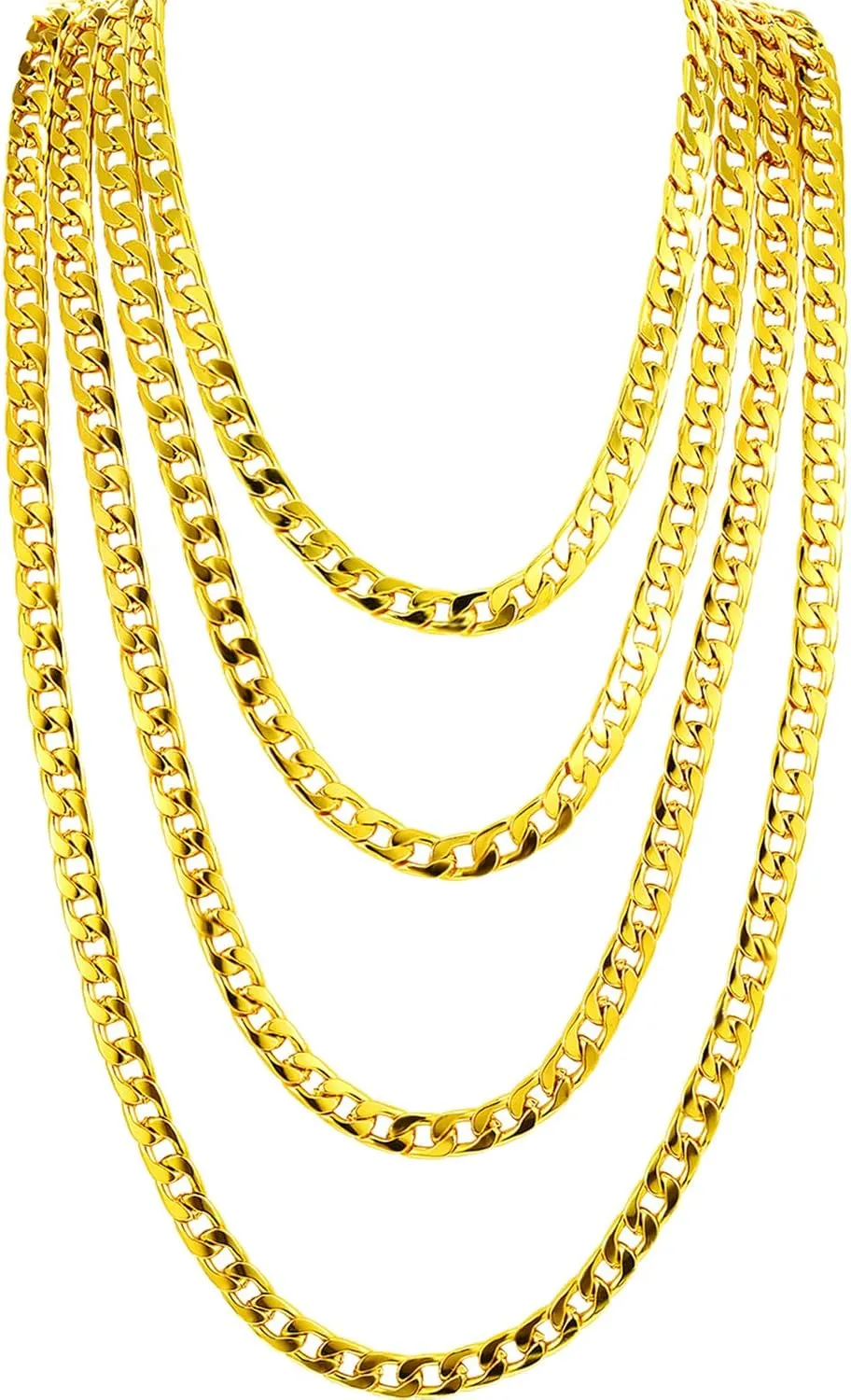 4 Pieces Fake Gold Chains Stainless Steel Chunky Necklace Faux 80s, 90s Gold Chain for Hip Hop Rapper Party Favors, 8 mm 24 Inch Long