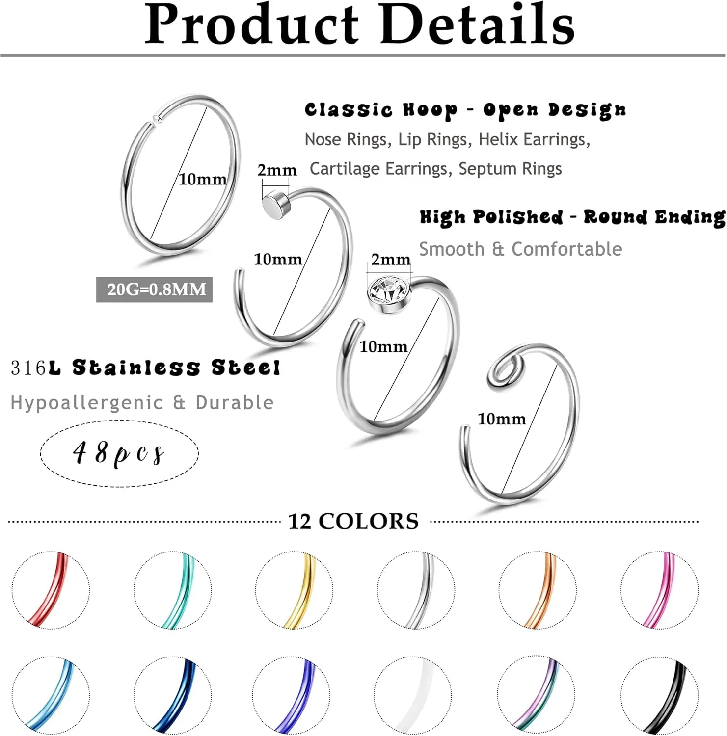 48Pcs Stainless Steel Nose Rings for Women 20G Nose Ring Hoop 316L Surgical Steel Nose Ring Mixed Colorful 20 Gauge Nose Ring Set Nose Piercing Jewelry 8MM/10MM
