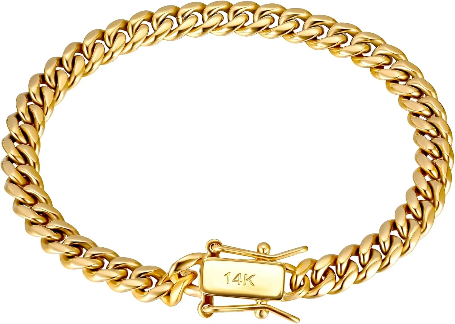 4mm 6mm Miami Cuban Link Chain 14K REAL Gold Plated 316L Stainless Steel Solid Necklace Bracelet for Womens Mens(Double Safety Clasp, Custom Box and Pouch Packing, Christmas Gift)