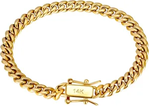 4mm 6mm Miami Cuban Link Chain 14K REAL Gold Plated 316L Stainless Steel Solid Necklace Bracelet for Womens Mens(Double Safety Clasp, Custom Box and Pouch Packing, Christmas Gift)