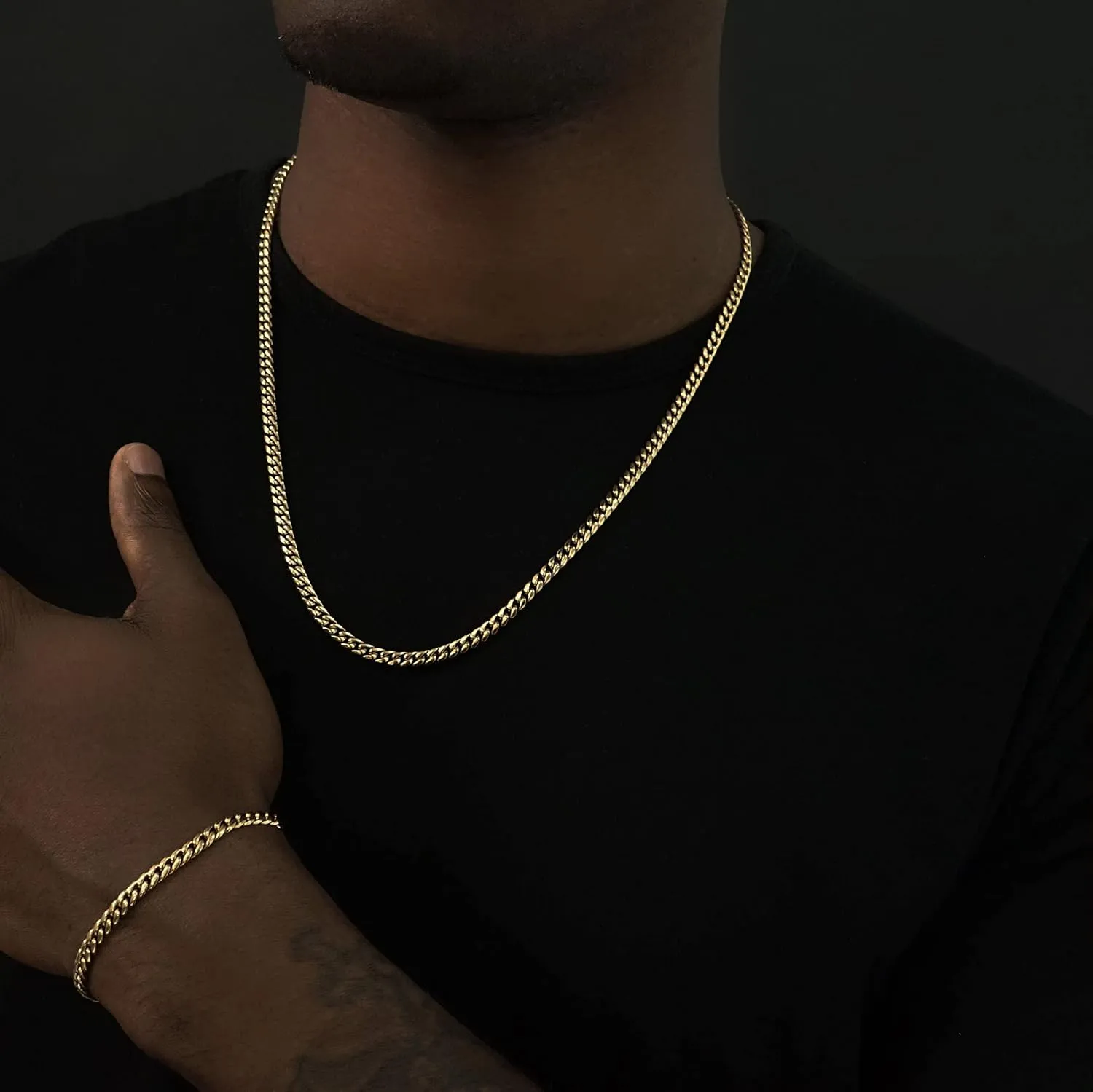 4mm 6mm Miami Cuban Link Chain 14K REAL Gold Plated 316L Stainless Steel Solid Necklace Bracelet for Womens Mens(Double Safety Clasp, Custom Box and Pouch Packing, Christmas Gift)