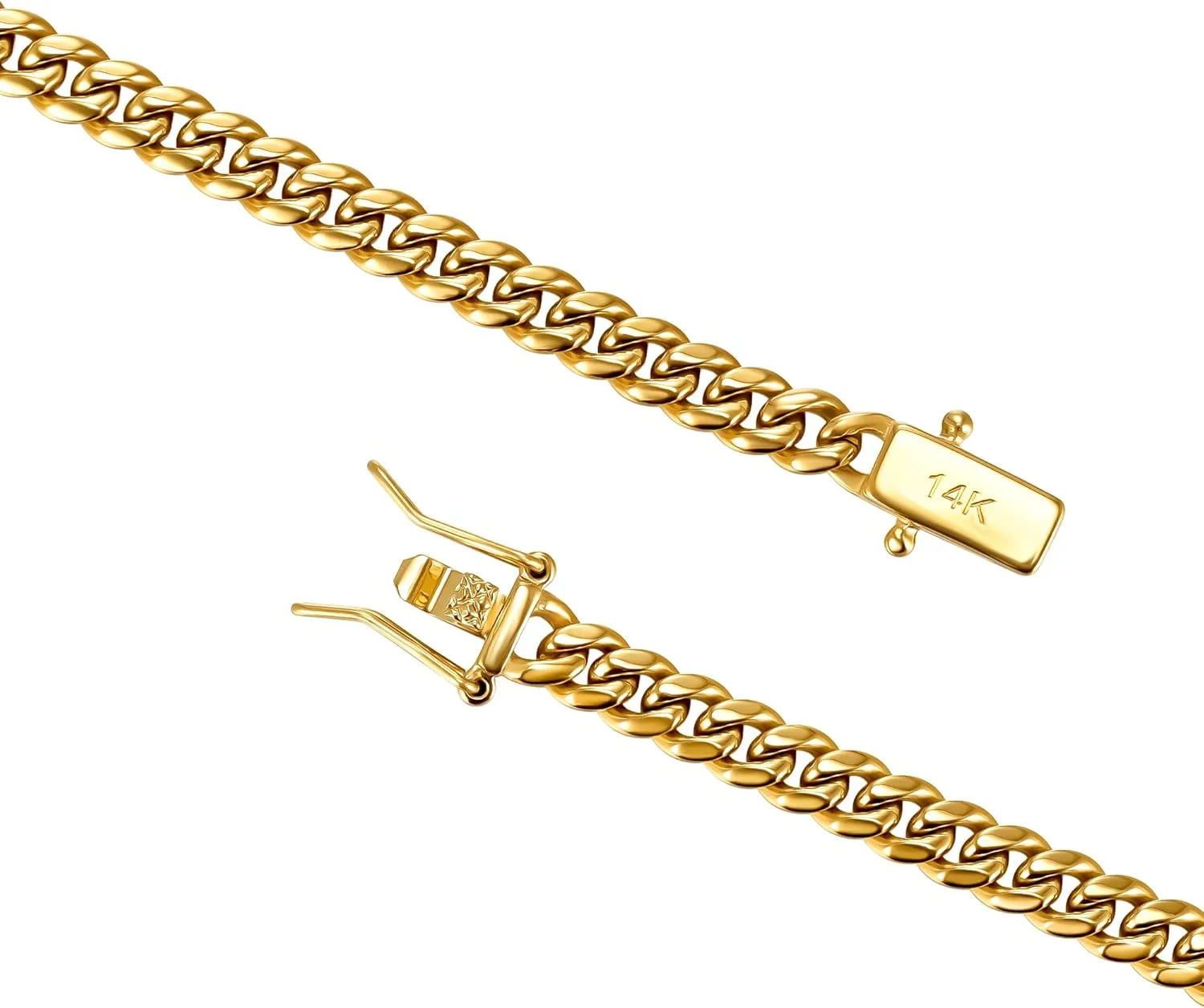 4mm 6mm Miami Cuban Link Chain 14K REAL Gold Plated 316L Stainless Steel Solid Necklace Bracelet for Womens Mens(Double Safety Clasp, Custom Box and Pouch Packing, Christmas Gift)