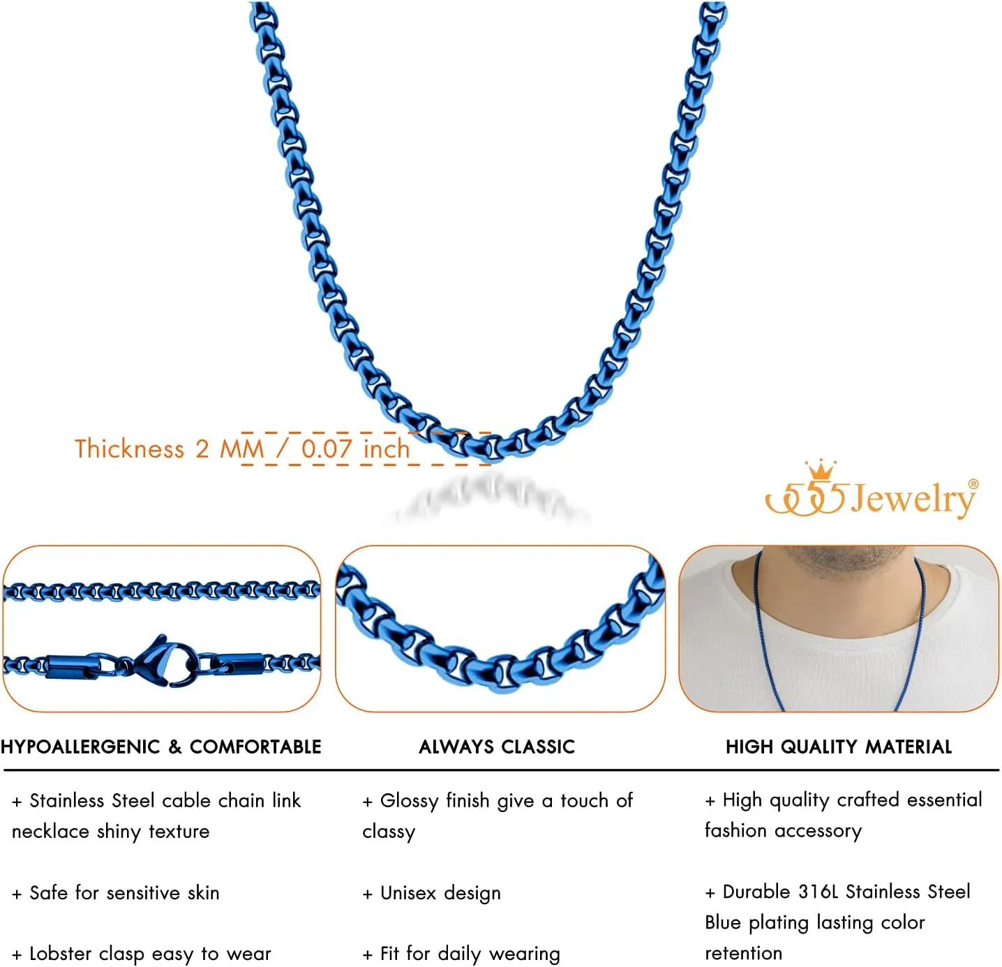 555Jewelry 2.5mm Stainless Steel Box Chain Necklace for Men & Women, 16-28 Inch