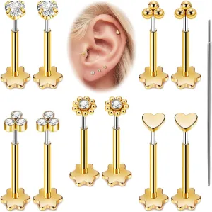 5Pairs 18G 20G Threadless Earring for Women 316L Stainless Steel Push in Earrings CZ Flower Flat Back Stud Earrings Cartilage Helix Tragus Lobe Stud Labret Monroe Threadless Nose Studs