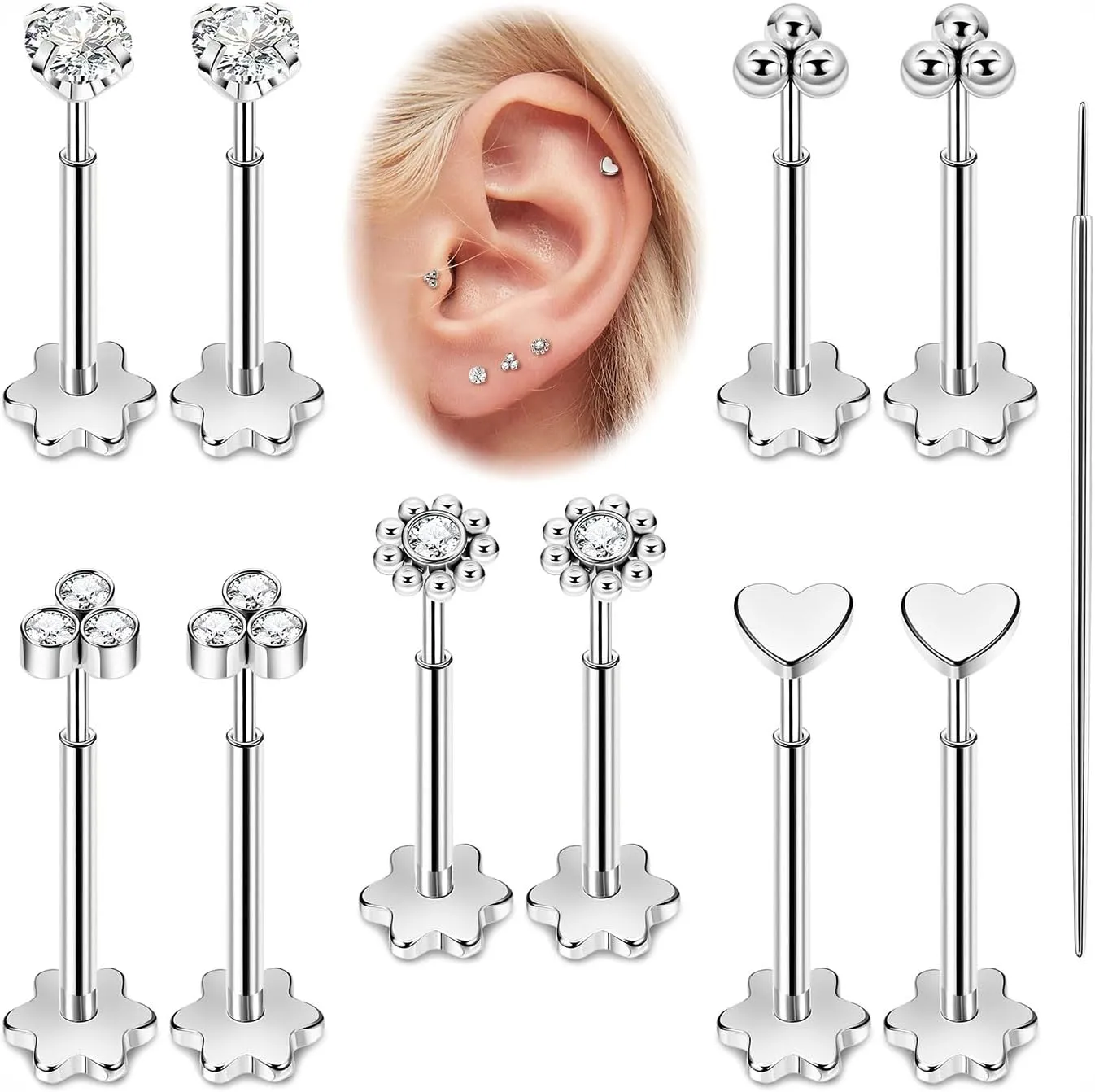 5Pairs 18G 20G Threadless Earring for Women 316L Stainless Steel Push in Earrings CZ Flower Flat Back Stud Earrings Cartilage Helix Tragus Lobe Stud Labret Monroe Threadless Nose Studs