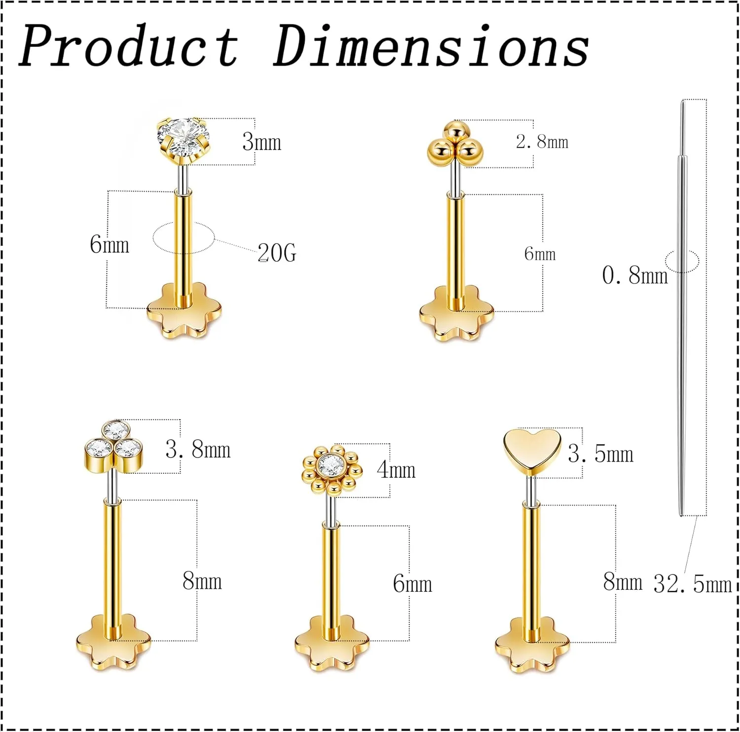 5Pairs 18G 20G Threadless Earring for Women 316L Stainless Steel Push in Earrings CZ Flower Flat Back Stud Earrings Cartilage Helix Tragus Lobe Stud Labret Monroe Threadless Nose Studs