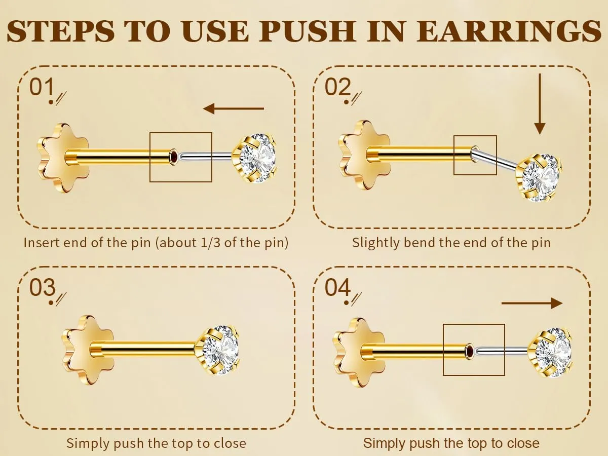 5Pairs 18G 20G Threadless Earring for Women 316L Stainless Steel Push in Earrings CZ Flower Flat Back Stud Earrings Cartilage Helix Tragus Lobe Stud Labret Monroe Threadless Nose Studs