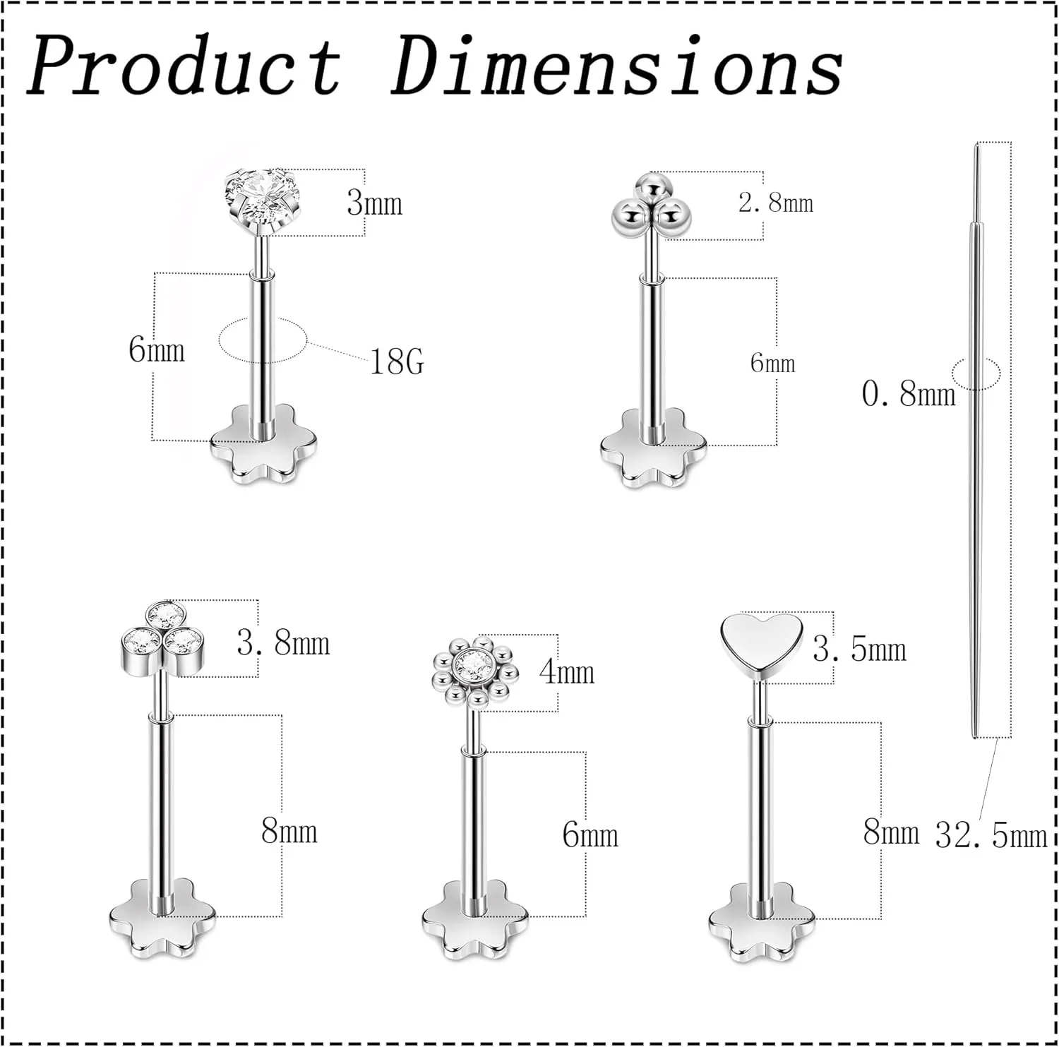 5Pairs 18G 20G Threadless Earring for Women 316L Stainless Steel Push in Earrings CZ Flower Flat Back Stud Earrings Cartilage Helix Tragus Lobe Stud Labret Monroe Threadless Nose Studs