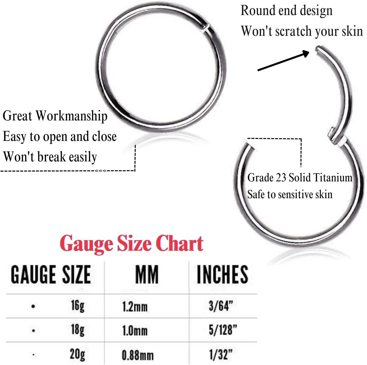 5Pcs G23 Titanium Nose Rings 16G/18G/20G Hinged Clicker Segment Nose Rings Hoop Lip Septum rings Multi-Color Tragus Cartilage Sleeper Earrings 6mm 7mm 8mm 9mm 10mm Hypoallergenic Nose Rings for Women Men