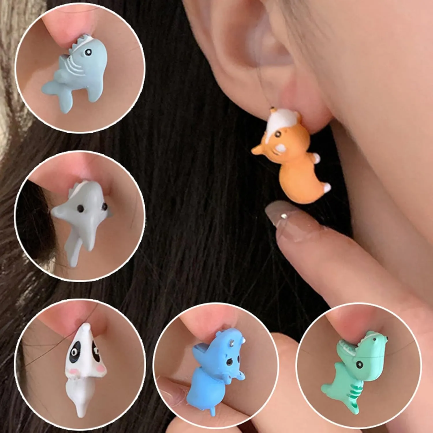 6 Pairs Cute Animal Bite Earrings for Women Dinosaur Hot Balloon Dog Stud Earrings 3D Polymer Clay Earrings Handmade Cartoon Small Animal Earrings Set Animal Biting Earrings Jewelry