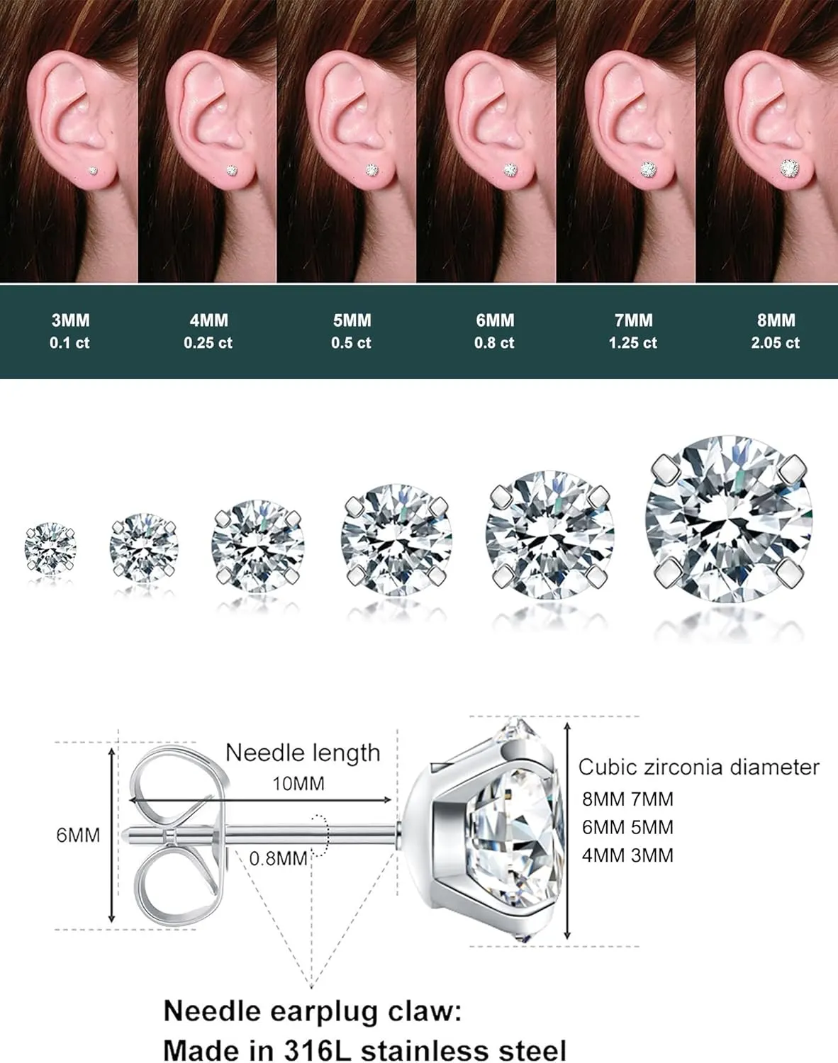 6 Pairs Stud Earrings Set, Hypoallergenic Cubic Zirconia 316L Earrings Stainless Steel CZ Earrings 3-8mm (Steel color)