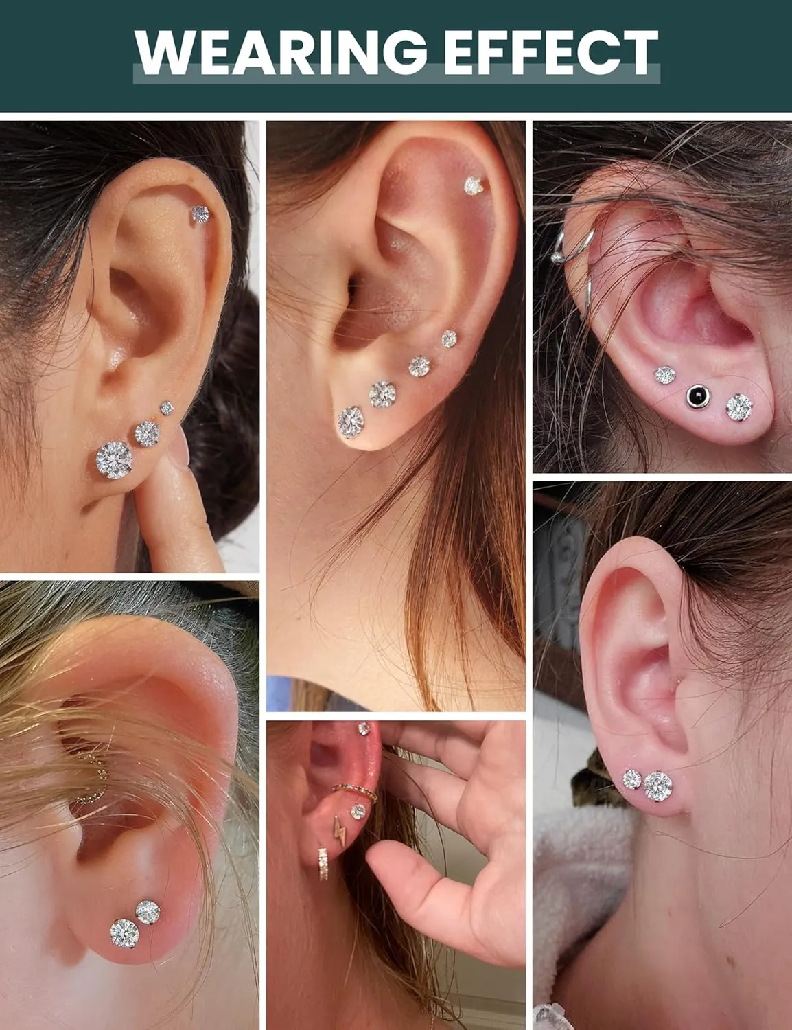 6 Pairs Stud Earrings Set, Hypoallergenic Cubic Zirconia 316L Earrings Stainless Steel CZ Earrings 3-8mm (Steel color)