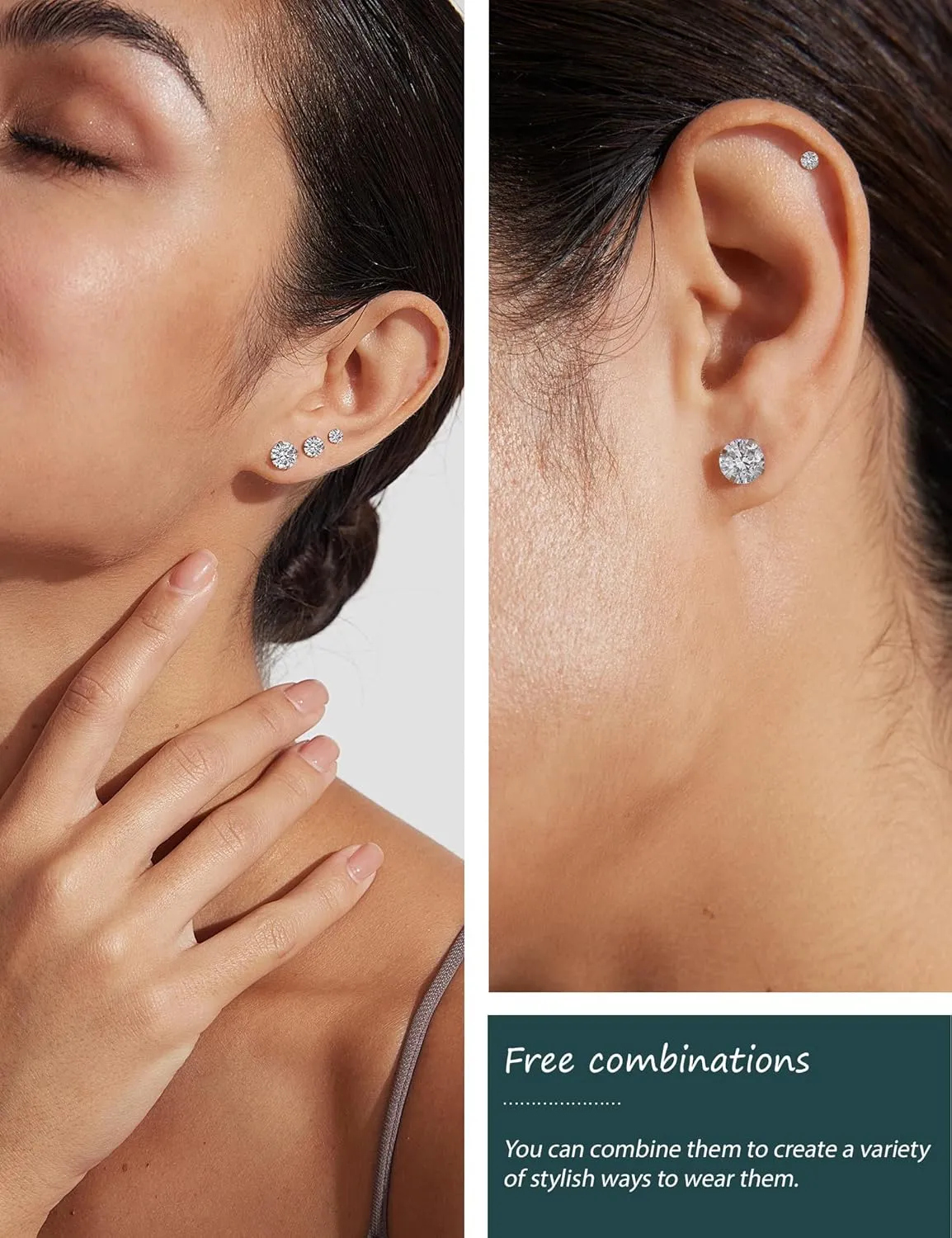 6 Pairs Stud Earrings Set, Hypoallergenic Cubic Zirconia 316L Earrings Stainless Steel CZ Earrings 3-8mm (Steel color)