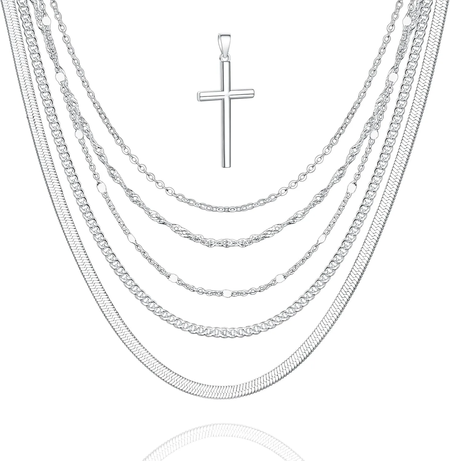 6 Pcs Stackable Silver Chain for Women, Womens Silver Plated Chain Necklace Cross Pendant Jewelry Set (5 Chains and 1 Cross Pendant)
