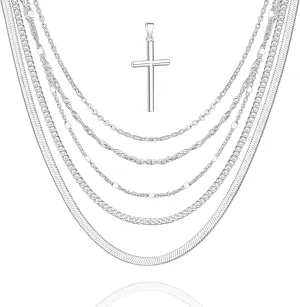 6 Pcs Stackable Silver Chain for Women, Womens Silver Plated Chain Necklace Cross Pendant Jewelry Set (5 Chains and 1 Cross Pendant)