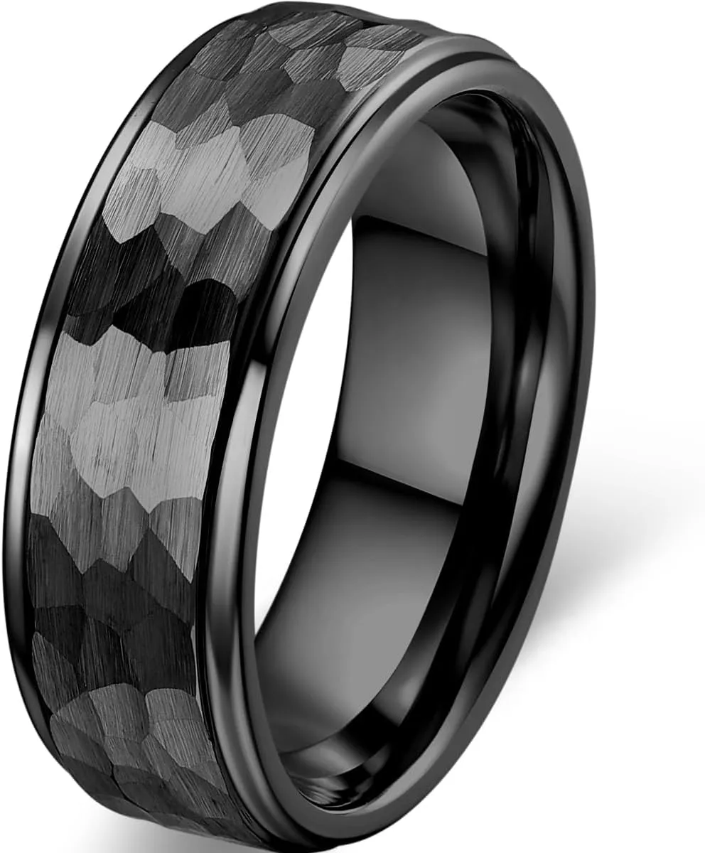 6mm 8mm Mens Hammered Tungsten Carbide Wedding Rings Black Silver Hammered Wedding Band Brushed and Step Edge