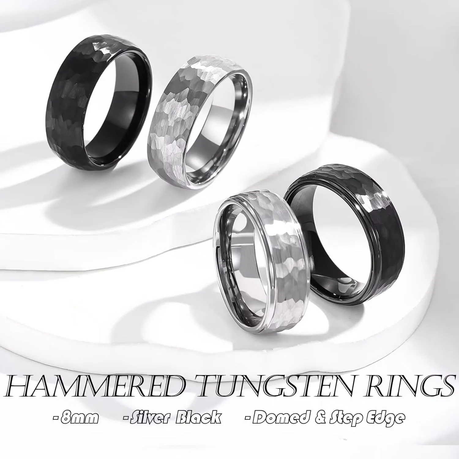 6mm 8mm Mens Hammered Tungsten Carbide Wedding Rings Black Silver Hammered Wedding Band Brushed and Step Edge