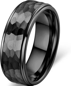 6mm 8mm Mens Hammered Tungsten Carbide Wedding Rings Black Silver Hammered Wedding Band Brushed and Step Edge