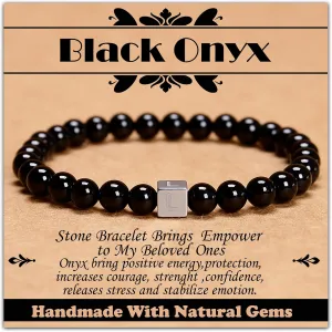 6mm Black Onyx - Stone of Positive Energy - Handmade Initial Letter Stretch Elastic Bracelet for Healing Power Energy Adult Unisex