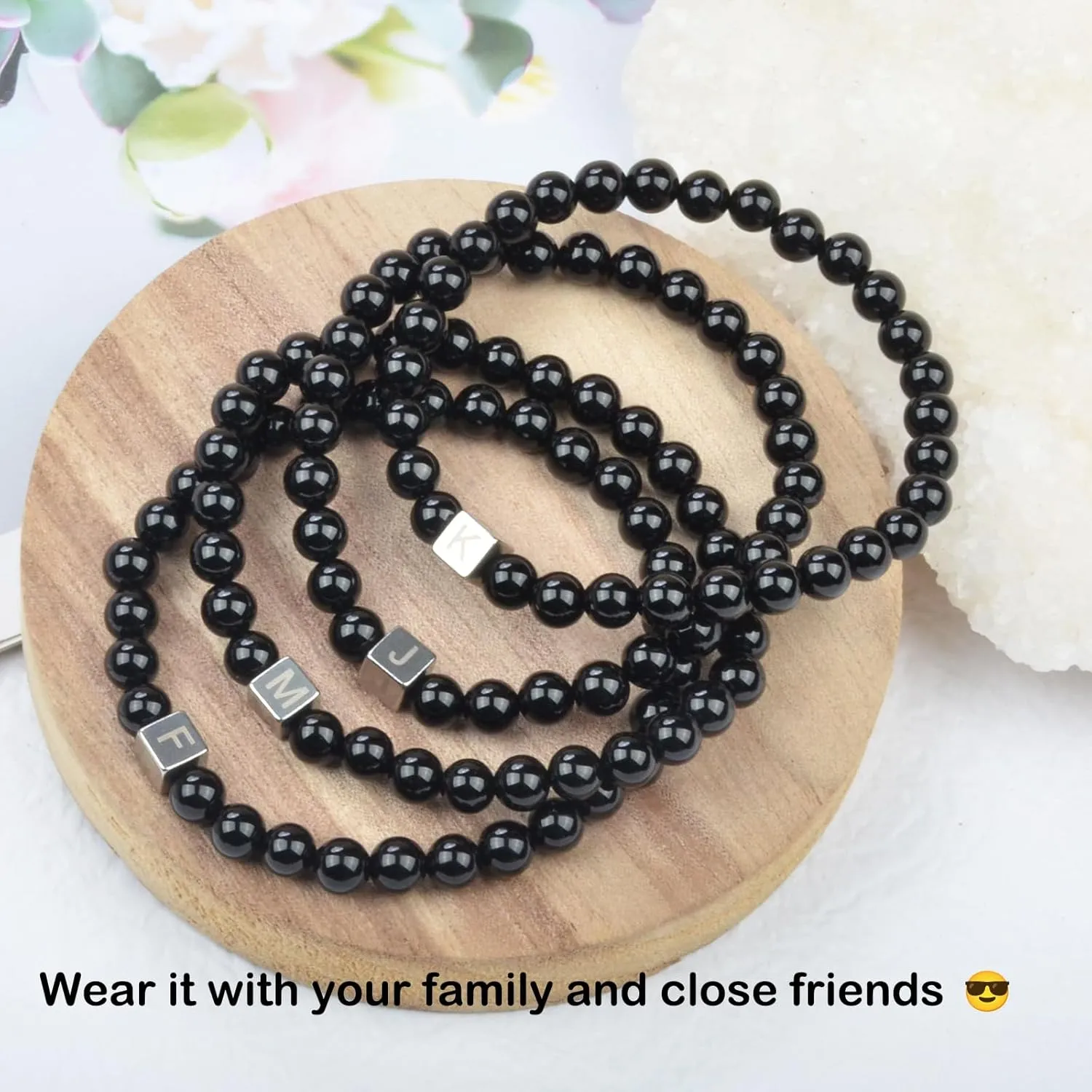 6mm Black Onyx - Stone of Positive Energy - Handmade Initial Letter Stretch Elastic Bracelet for Healing Power Energy Adult Unisex