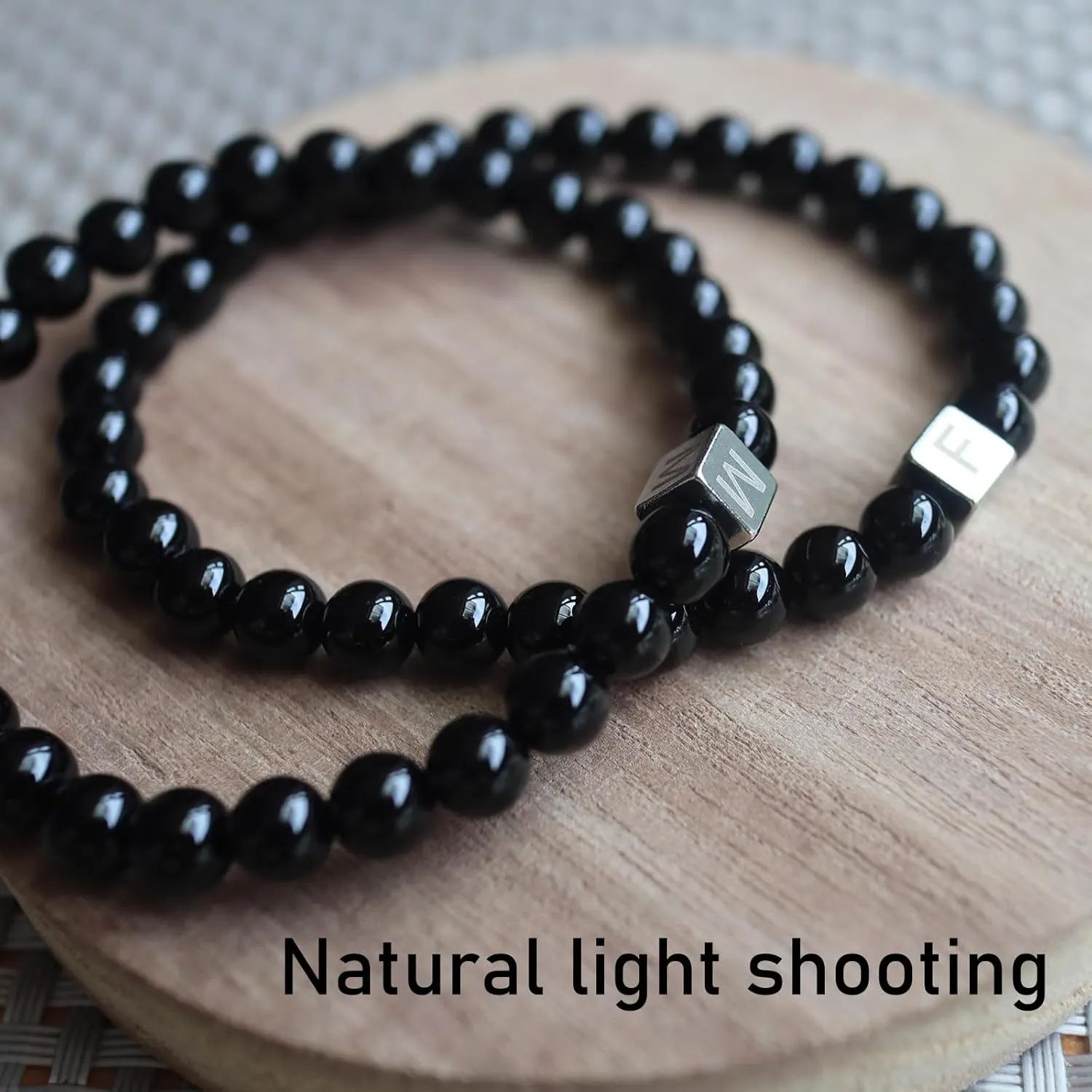 6mm Black Onyx - Stone of Positive Energy - Handmade Initial Letter Stretch Elastic Bracelet for Healing Power Energy Adult Unisex