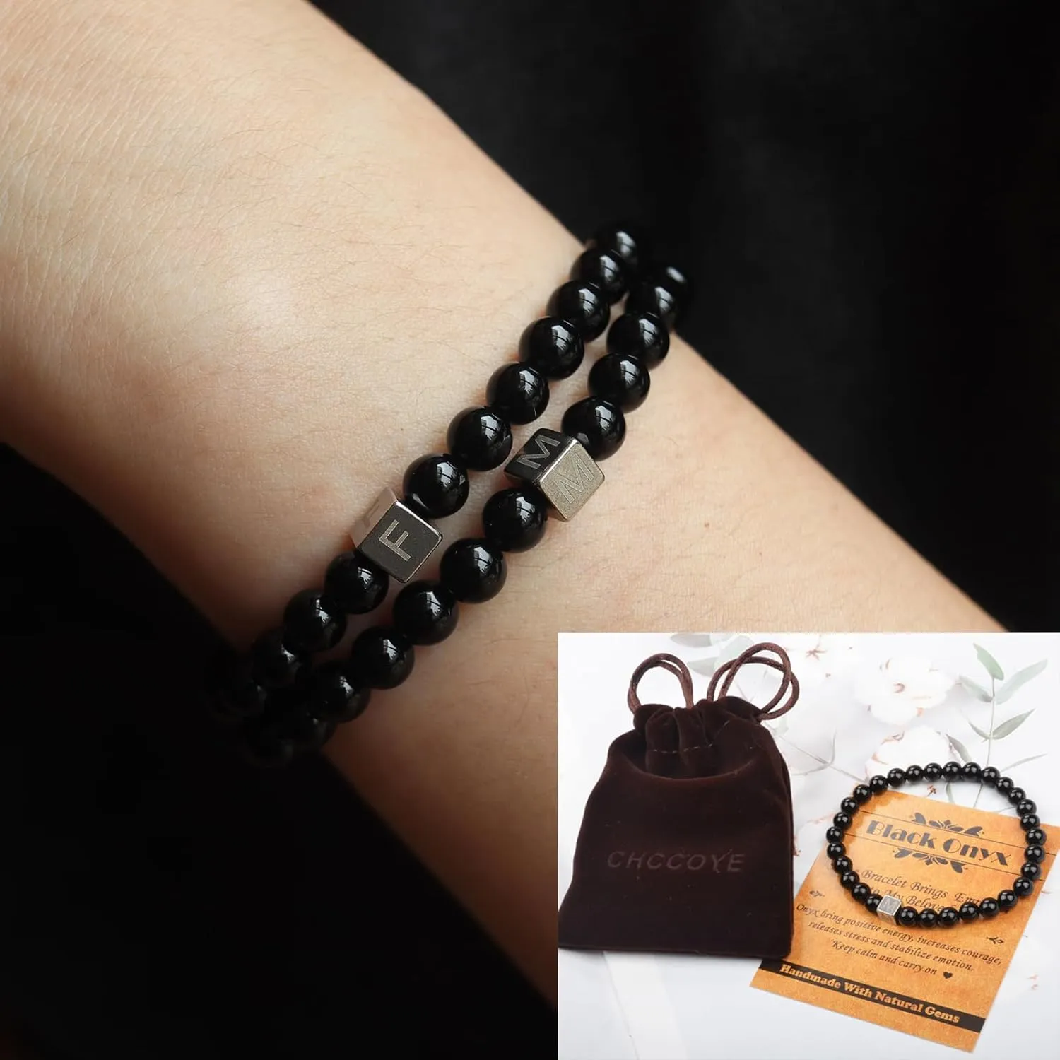 6mm Black Onyx - Stone of Positive Energy - Handmade Initial Letter Stretch Elastic Bracelet for Healing Power Energy Adult Unisex