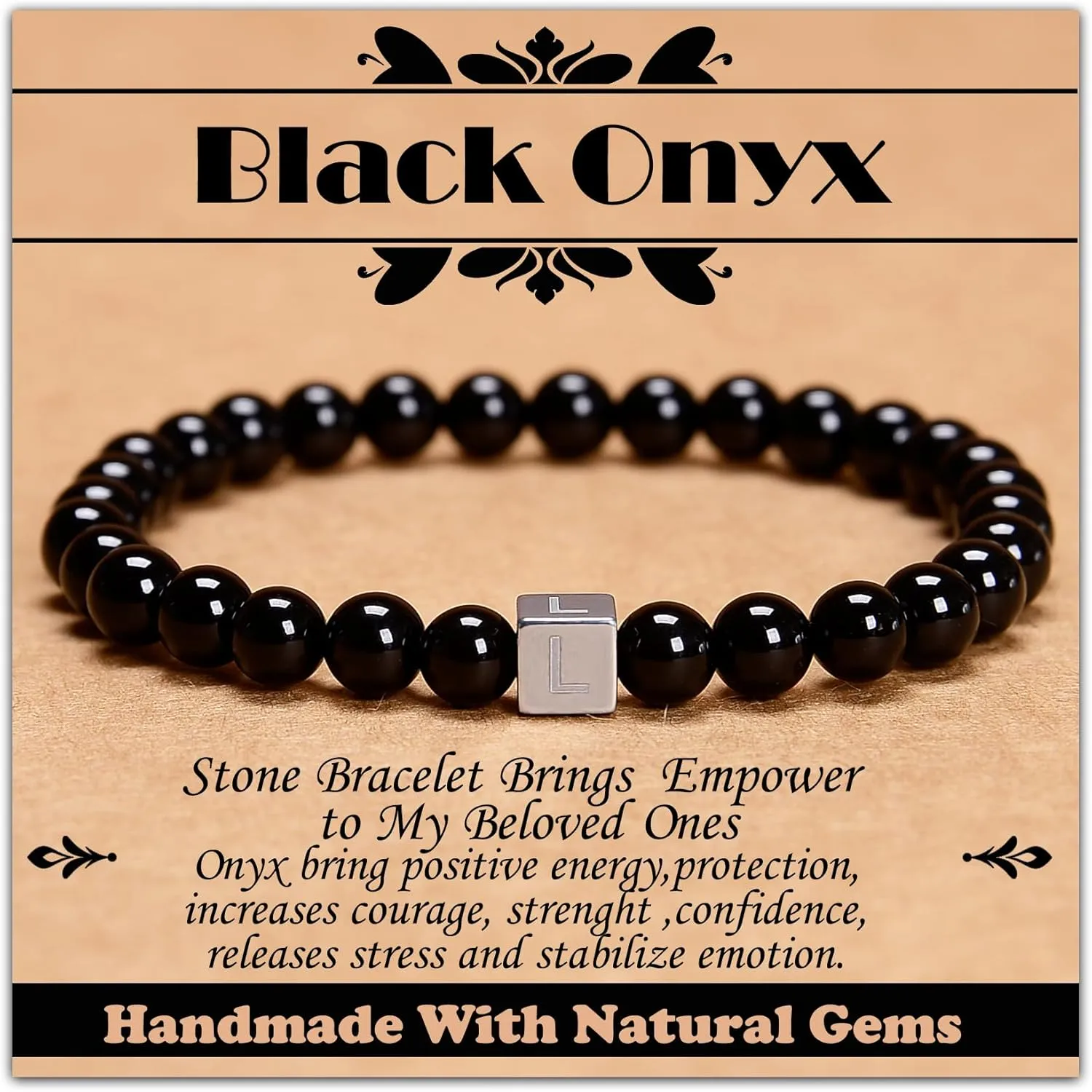 6mm Black Onyx - Stone of Positive Energy - Handmade Initial Letter Stretch Elastic Bracelet for Healing Power Energy Adult Unisex