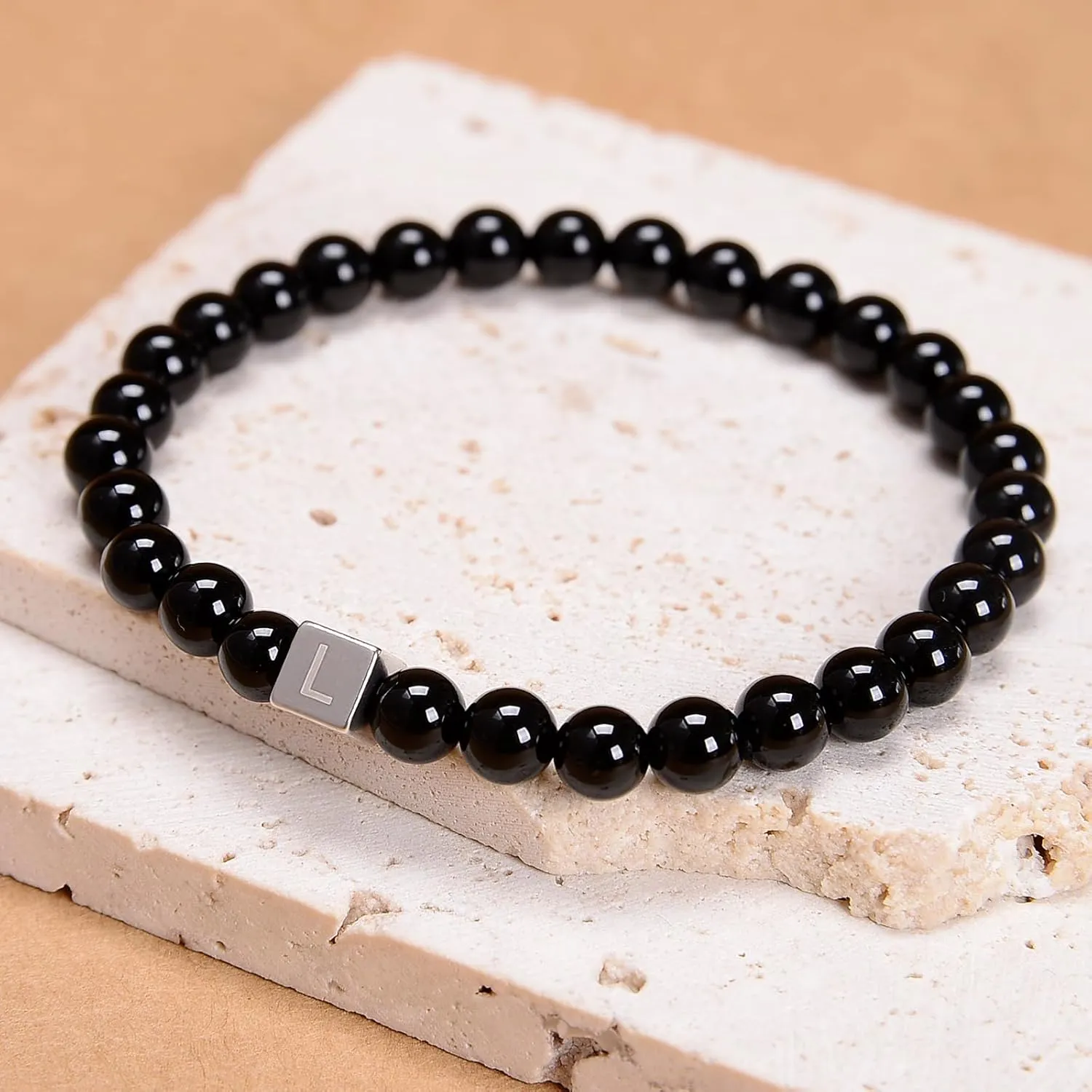 6mm Black Onyx - Stone of Positive Energy - Handmade Initial Letter Stretch Elastic Bracelet for Healing Power Energy Adult Unisex