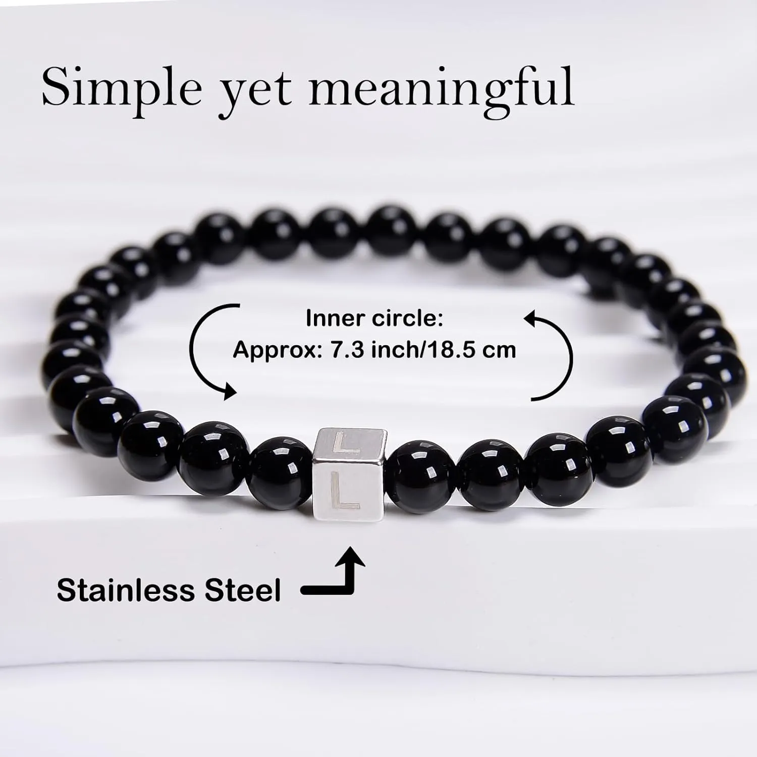 6mm Black Onyx - Stone of Positive Energy - Handmade Initial Letter Stretch Elastic Bracelet for Healing Power Energy Adult Unisex