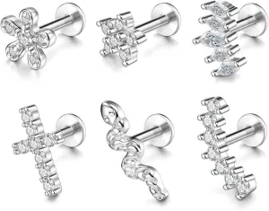6pcs 16G Stainless Steel Helix Tragus Earrings Cartilage Earrings Cubic Zirconia Tragus Conch Helix Piercing Studs for Women Hypoallergenic Piercing Jewellery