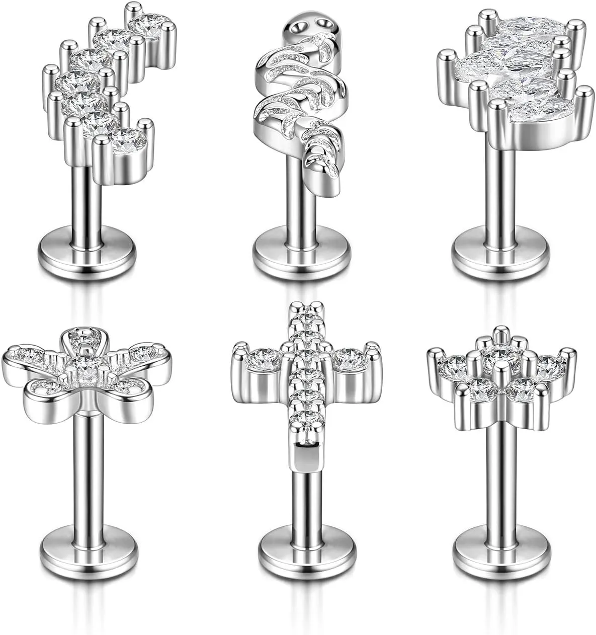6pcs 16G Stainless Steel Helix Tragus Earrings Cartilage Earrings Cubic Zirconia Tragus Conch Helix Piercing Studs for Women Hypoallergenic Piercing Jewellery