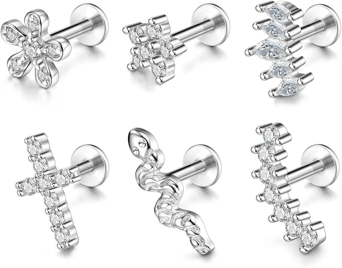 6pcs 16G Stainless Steel Helix Tragus Earrings Cartilage Earrings Cubic Zirconia Tragus Conch Helix Piercing Studs for Women Hypoallergenic Piercing Jewellery