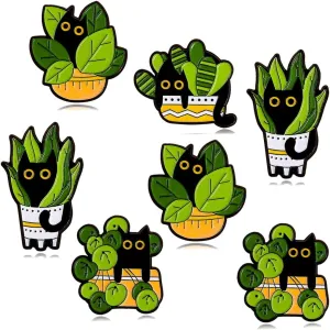 8 pcs Cat Potted Plants Alloy Enamel Pins, Creative Cartoon Black Cat Pins Cute Animal Enamel Brooch Badges Pins for Men Women Kids Badges Clothing Jackets Hat DIY Accessory (Potted Cat)