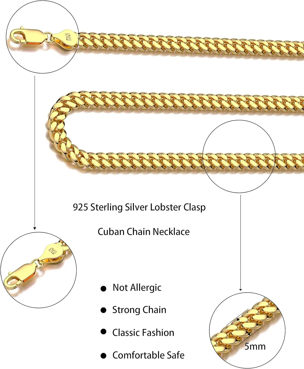 925 Sterling Silver Cuban Chain Lobster Clasp 3mm 4mm 5mm 18K Gold Cuban Link Curb Chain Necklace for Women Men Diamond Cut 16-30 Inches