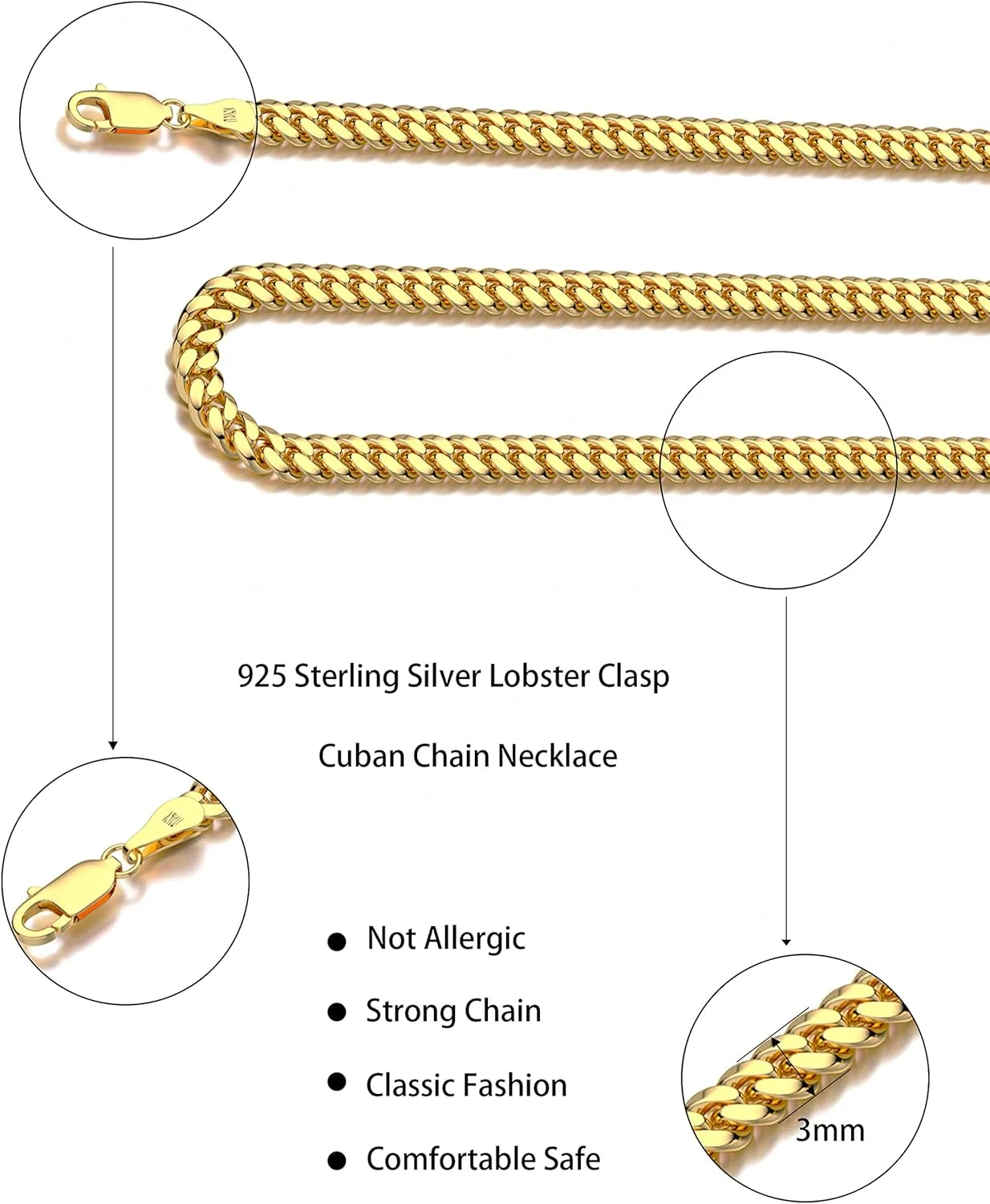 925 Sterling Silver Cuban Chain Lobster Clasp 3mm 4mm 5mm 18K Gold Cuban Link Curb Chain Necklace for Women Men Diamond Cut 16-30 Inches