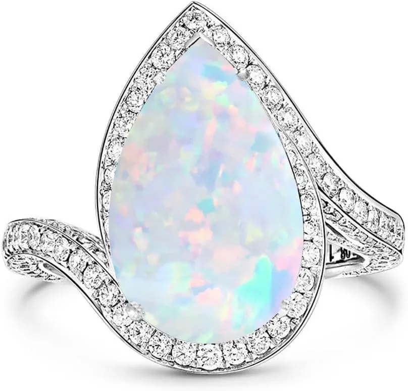 925 Sterling Silver Pear Opal RingsOpal Ring Opal & Moissanite Ring Opal Engagement Promise Rings for women Opal Wedding Rings for women Opal Jewelry Gift Anniversary Birthday for Women Mom Wife (Opal size:610mm)