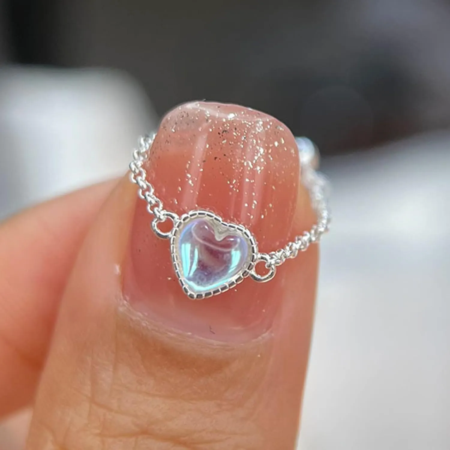 925 Sterling Silver Rings for Women Adjustable Dainty Tassel Chain Dangle Charm Fashion Forefinger Birthstone Ring Coloured Glaze Infinite Love Heart Ring Cute Wedding Birthday Graduation Jewelry Gift