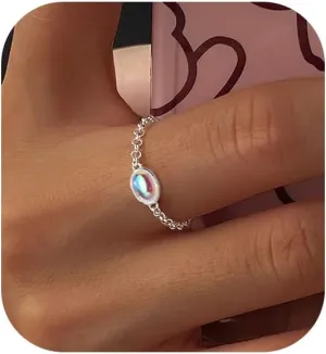 925 Sterling Silver Rings for Women Adjustable Dainty Tassel Chain Dangle Charm Fashion Forefinger Birthstone Ring Coloured Glaze Infinite Love Heart Ring Cute Wedding Birthday Graduation Jewelry Gift